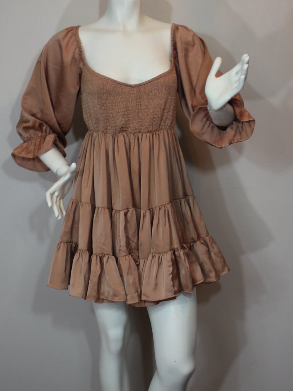 Mable The 3/4 Sleeve Ruffle Babydoll Mini Brown  Dress size small